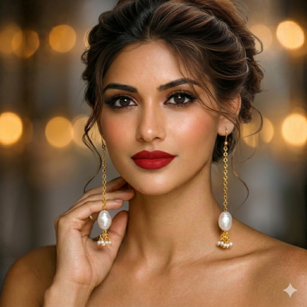 Model wearing long gold dangler earrings with textured white pearls.