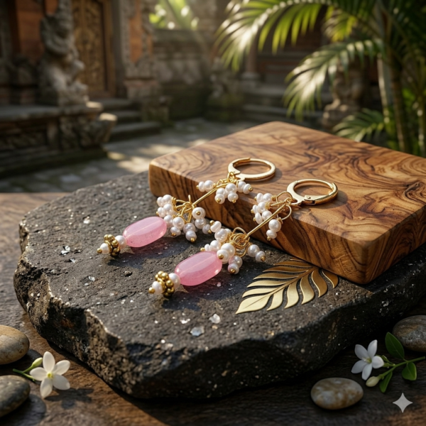 Elegant handcrafted pink and white drop earrings hanging on a gold jewelry display stand.