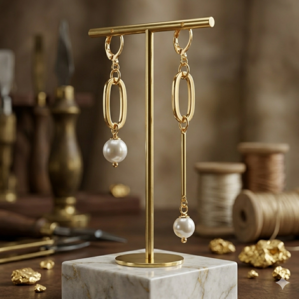 A pair of mismatched statement earrings made of 18k gold-plated brass and round white pearls, displayed on a gold podium.