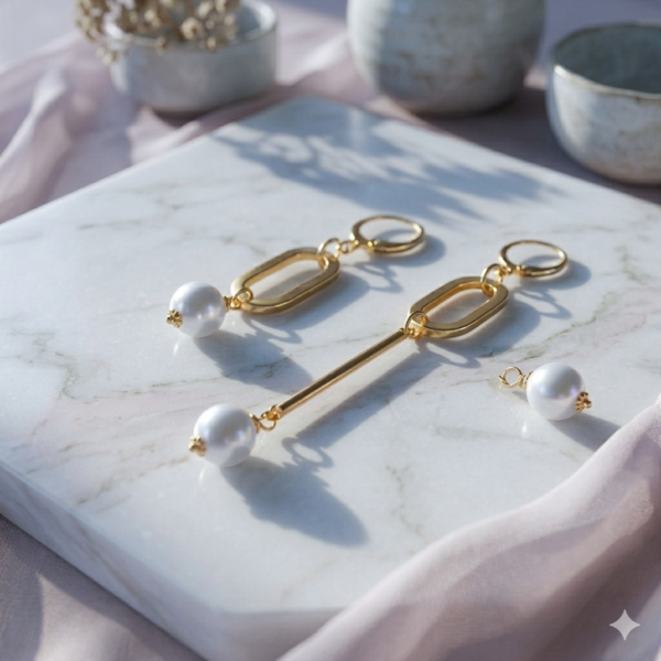 18k gold-plated jewelry featuring modern mismatched designs with lustrous white pearls and polished geometric links.