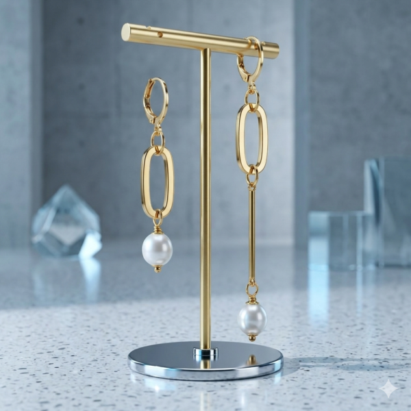 Pair of asymmetric earrings with 18k gold plating, showing one short oval link pearl drop and one long linear bar pearl drop.