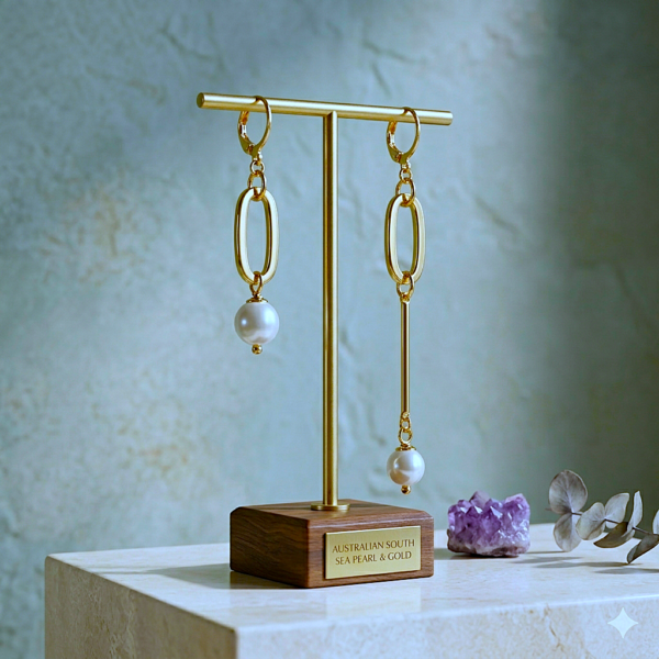 Luxury gold-plated mismatched earrings with a contemporary aesthetic, featuring high-shine 18k gold and round pearl accents.