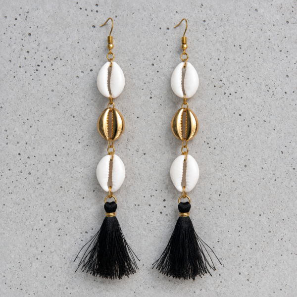 Handmade 18 K Gold plated and white cowrie shell long earrings with black tassels on a brass wire.