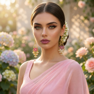 Traditional Kundan and pearl chandelier earrings in bright gold plating with purple gemstone centerpieces.