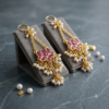 Close-up of 18k gold-plated Jalja earrings showcasing detailed Kundan craftsmanship and pearl drop tassels.