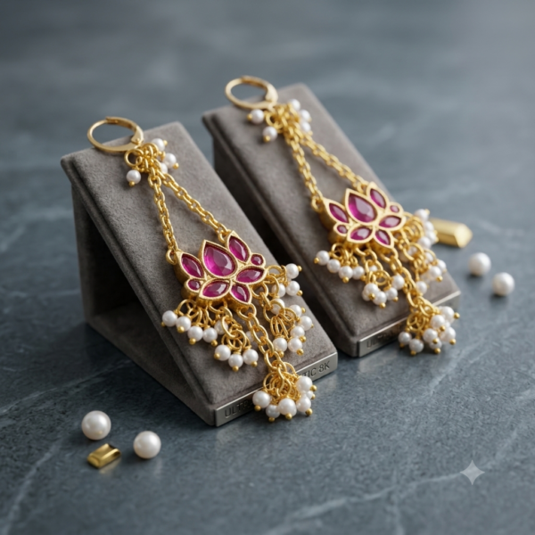 Close-up of 18k gold-plated Jalja earrings showcasing detailed Kundan craftsmanship and pearl drop tassels.