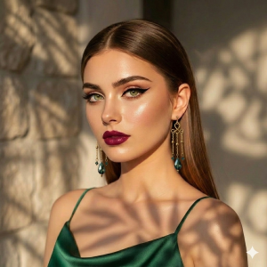 A model with sleek hair wearing gold filigree drop earrings with emerald green crystals, part of the Komalartsy LUXE collection.